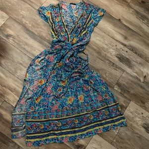 Floral Blue V-Neck Wrap Maxi Dress